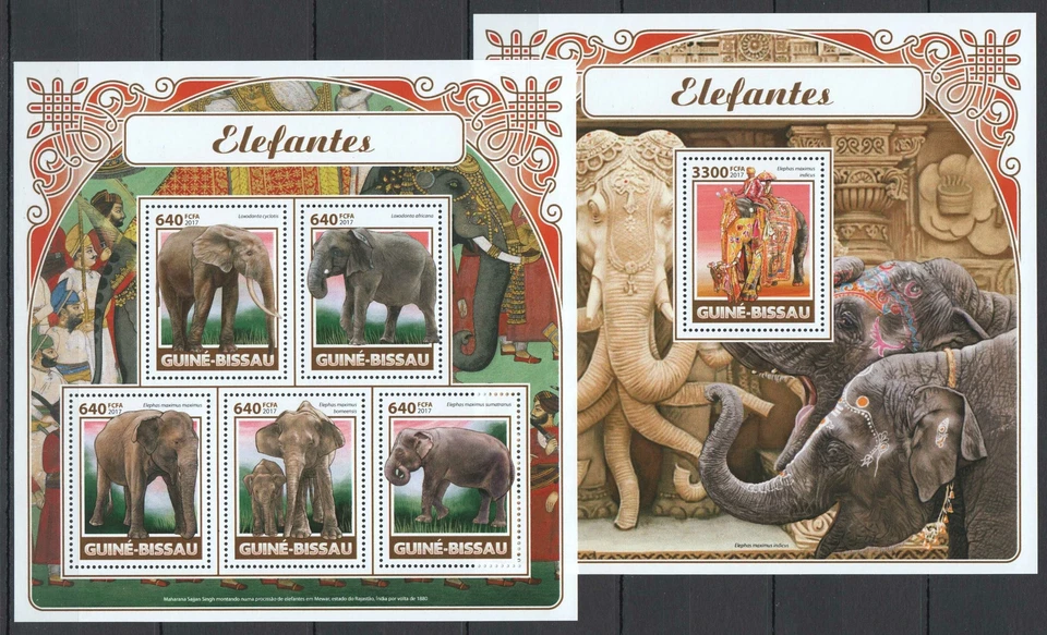 FD0275 2017 GUINEA-BISSAU ELEPHANTS INDIA WILD ANIMALS FAUNA #9398-2+BL1622 MNH - Image 1 of 1