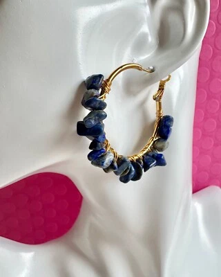 New Natural Blue Sodalite Stone Wire Wrapped Gold Tone Hoop Earrings - 2” - Image 1 of 4