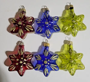6er Set Vintage Weihnachtsschmuck aus Glas in Sternform Polen blau rot grün - Bild 1 von 14