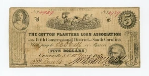 1862 $5 The Cotton Planters Loan Association - Unionville, SOUTH CAROLINA Note - Picture 1 of 2