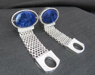 Gemelos envolventes de malla ovalada de ágata de mármol plateado y azul vintage Foto 1 de 4