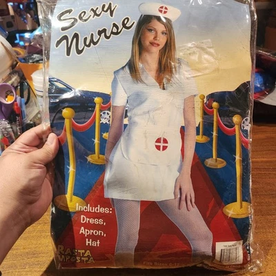 Womens Sexy Nurse Costume Sz 6-12 Medium Fit, Dress Apron Hat + Stockings Bodysu - Image 1 of 4