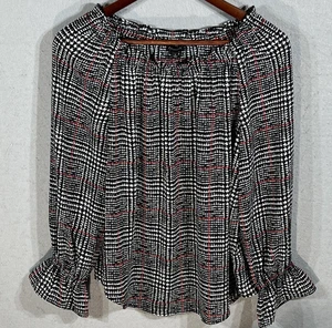 Talbots Size Small Black White Plaid Tartan Sheer Ruffle Sleeve Lined LS Blouse - Picture 1 of 10