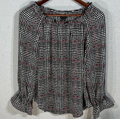 Talbots Size Small Black White Plaid Tartan Sheer Ruffle Sleeve Lined LS Blouse - Image 1 of 4