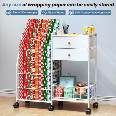 TC-HOMENY Rolling Wrapping Paper Cart Craft Ribbon Gift Organizer Storage Holder