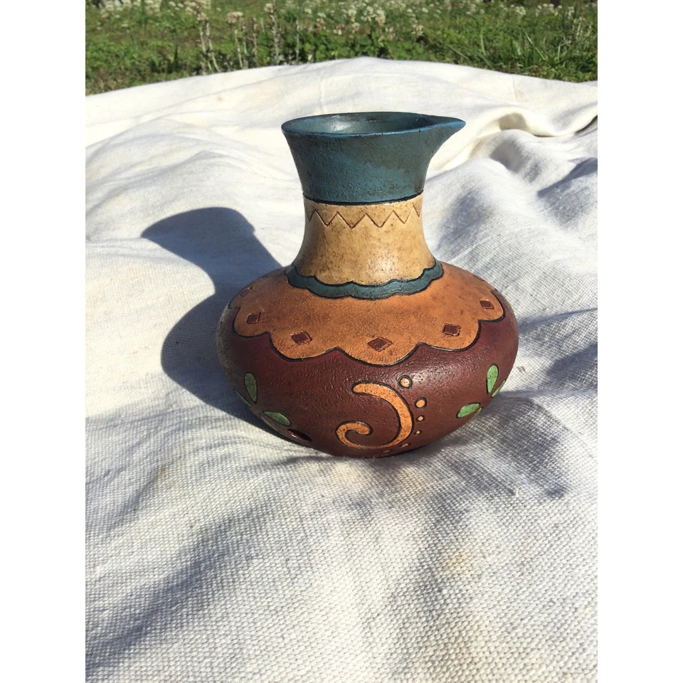 5” Resin vase southwest western hole side pitcher native swirl petoglyph - Image 1 of 4