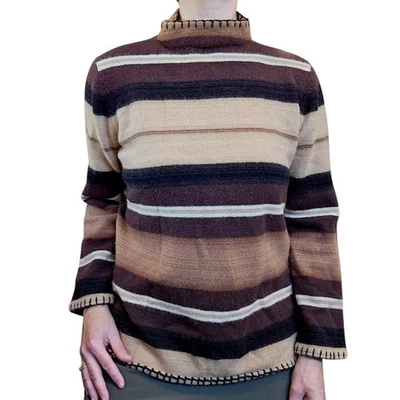 Suéter De Colección Ralph Lauren Para Mujer Talla M PETITE Cuello Alto Lana Marrón Negro Rayas Foto 1 de 4