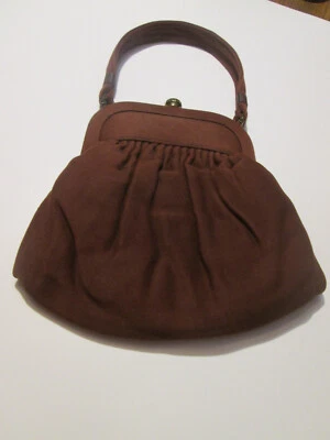 "Bolsa de tela marrón circa 1920 con mango de tela broche de latón 8 1/2""" Foto 1 de 4