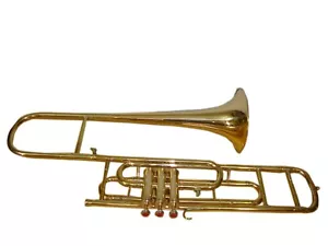 NEW YEAR SALE NEW BRASS FINISH Bb FLAT VALVE TRUMBONE FREE HARD CASE+MOUTHPIEC - Picture 1 of 7
