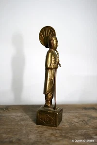 Buddhist Brass Monk holding Lotus Flower Standard Temple Shrine Figure script - Picture 1 of 12