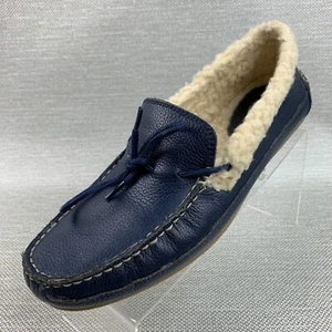 Cole Haan Moccasin Slippers Navy Leather Round Toe Tie Faux Fur Lined Size 6.5B - Picture 1 of 11