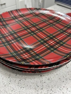 "Juego de 4 platos de cena a cuadros tartán rojo de porcelana de 10 5/8"" de diámetro excelente" Foto 1 de 4