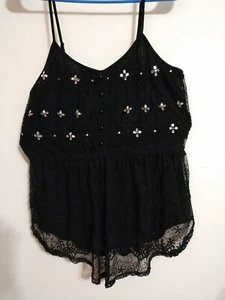 Candies Tank Top Cami Sz XL Spaghetti Strap Sequins Lace Black Lined EUC - Picture 1 of 8