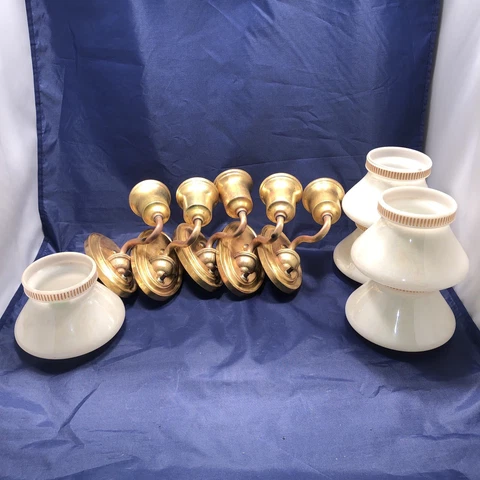 Set Of Five 5 Mid Century Yellow Brass Slip Shade Sconces Rewired 43C Cover