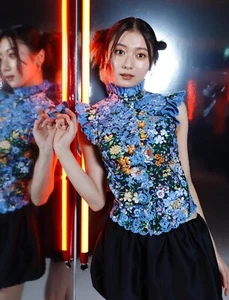 Paco Rabanne x H&M HM Patterned Poplin Top Floral Blue Size S M Small Medium New - Picture 1 of 17