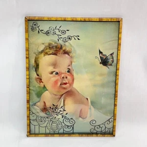 VTG Florence Kroger Baby Print Convex Bubble Glass Frame Butterfly 6"Wx8"H*READ* - Picture 1 of 6