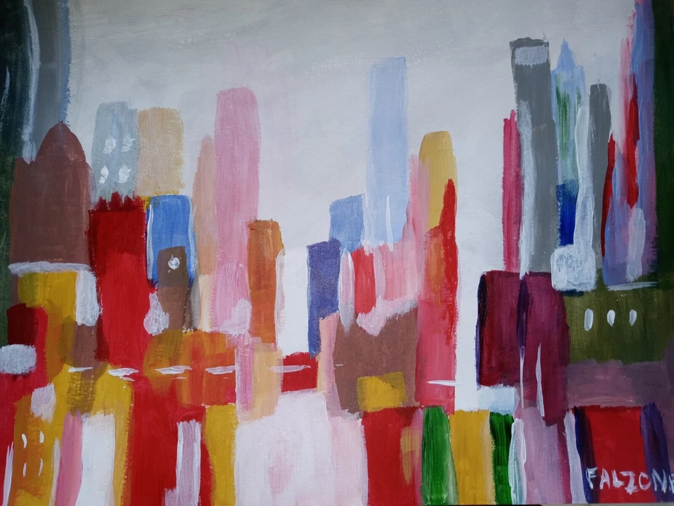 Red City, abstract cityscape, colorful red vib 11x14 acrylic on canvas, original - Image 1 of 1