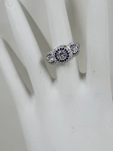 Epiphany Diamonique 3-Stone Simulated Sapphire & CZ Halo Ring, Platinum Plated - Picture 1 of 15
