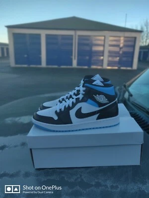 Size 11W/9.5M - Jordan 1 Mid "UNC" BQ6472-102 White/Black/University Blue - Image 1 of 4