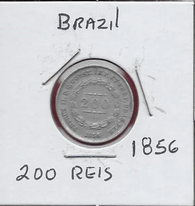 BRAZIL 200 REIS 1856 BEADS ON CROWN,PETER II THE MAGNANIMOUS 1831-1889,THE DENOM - Picture 1 of 2