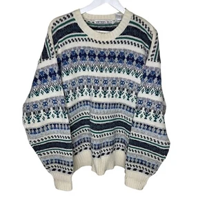Vintage 80s 90s Northern Isles Wool-Blend Fair Isle Print Grandpa Sweater, Large - Picture 1 of 9