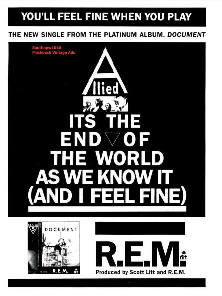 1987 R.E.M. "It's The End Of The World" Song Release Industry Promo Reprint Ad - Image 1 of 1