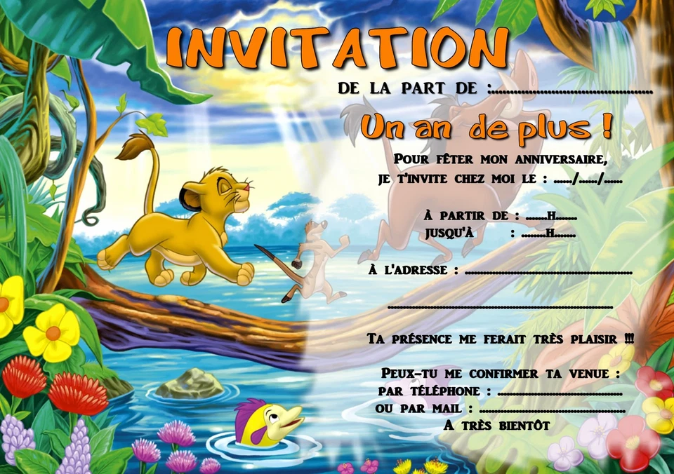 5 ou 12 cartes invitation anniversaire LE ROI LION réf 307