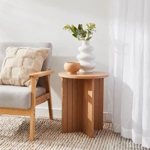 NEW Lyn Side Table Round Living Room Furniture Wooden Ribbed Textured Design - Picture 1 of 8