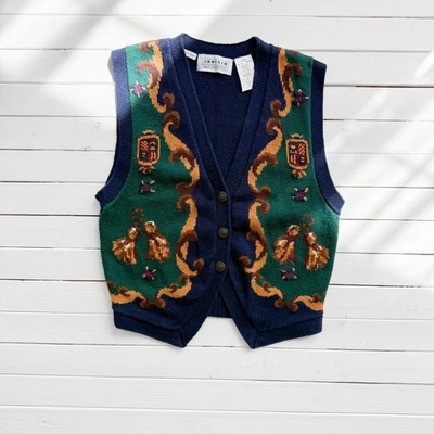 Jantzen 80s vtg navy blue baroque sweater vest size S - Image 1 of 4