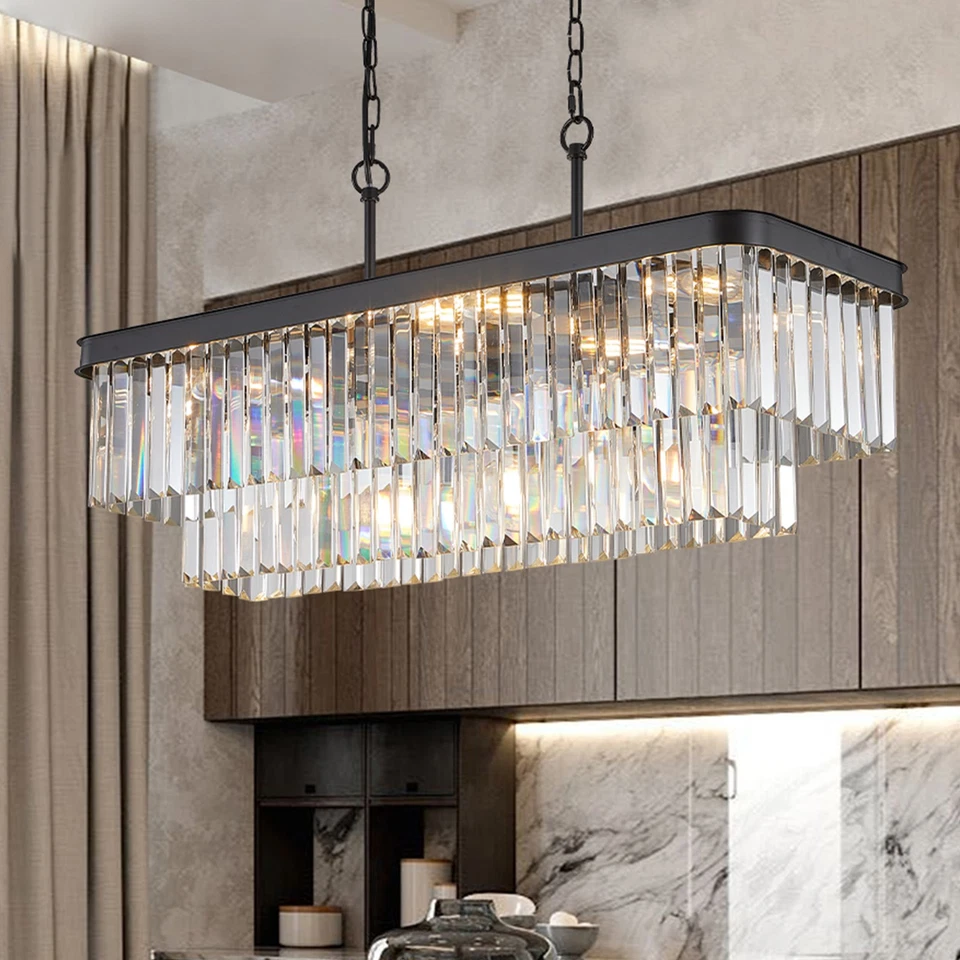 34" Modern K9 Crystal Chandelier Black Rectangle Pendant Ceiling Light Fixtures - Image 1 of 4
