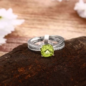 Cushion Cut Natural Peridot Split Band Ring 925 Sterling Silver Ring Gift Her - Picture 1 of 10