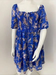 Dannii Minogue 16 P Blue Paisley Floral Polyester Seersucker Shirred Bust Dress - Picture 1 of 10