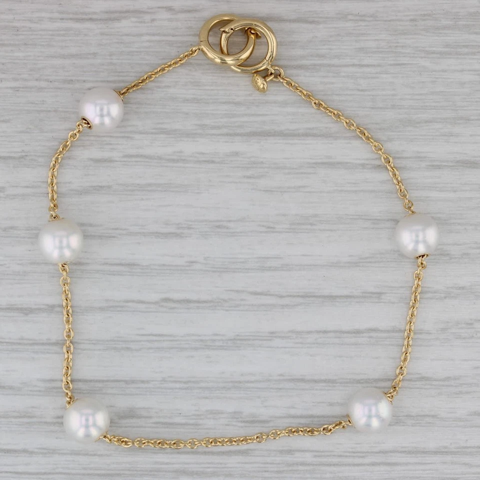 Mikimoto Cultured Pearl Station Bracelet w/ Pouch 18k Yellow Gold 8" Cable Chain - Image 1 of 4