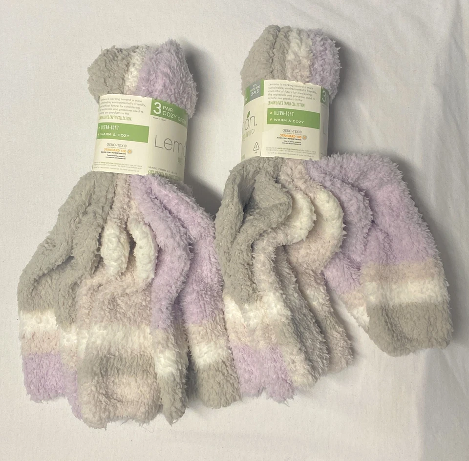Lemon Women's Fuzzy and Warm Crew Socks Size 5-9.5 (Pack 6) Purple/Grey/Lt Grey - Image 1 of 2