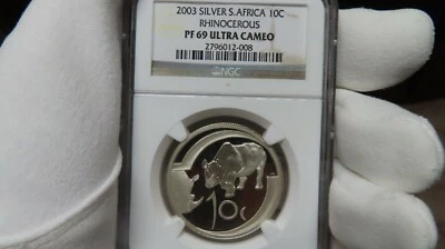 2003 SOUTH AFRICA SILVER 10 CENTS rhino RHINOCEROUS NGC PF 69 ULTRA CAMEO lowpop - Image 1 of 4