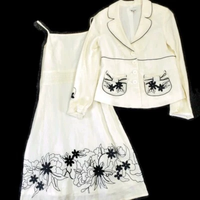 Lapislázuli 2 Piezas Tiras Vestido y Chaqueta Blanco Negro Bordado Floral Lino Pequeño Foto 1 de 4