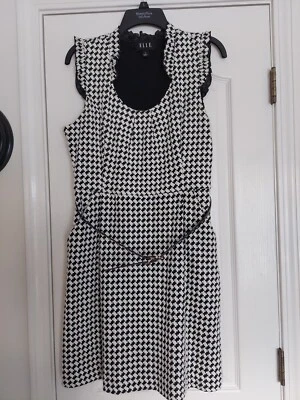 ELLE KNIT A LINE BELTED RUFFLE NECK /SLEEVE HOUNDS TOOTH BLACK AND WHITE SIZE 14 - Image 1 of 3