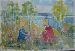 :: ÖLGEMÄLDE ZWEI MÄDCHEN IN DER WIESE BLUMEN PFLÜCKEN SAMMELN KINDER - Bild 1 von 5