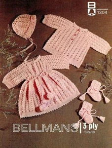 Baby Crochet Pattern 3ply Dress Jacket Bonnet and Bootees - Picture 1 of 2