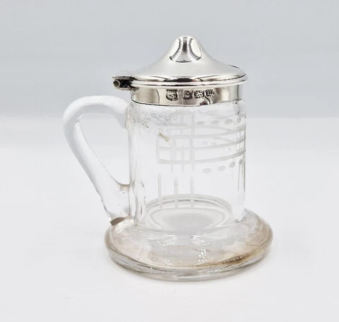 Antique STERLING SILVER & ETCHED GLASS MUSTARD POT Birmingham 1911 Cover