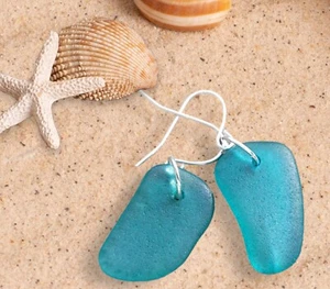 Turquoise sea glass dangle earrings - Picture 1 of 3