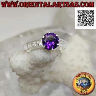 Anello in Argento 925‰ ametista sintetica tonda incastonata con zirconi bianchi  - Immagine 1 di 4