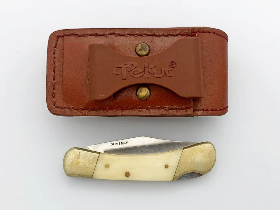 Cuchillo Turístico Plegable Tekut 5Cr15MoV Herramienta de Viaje de Bolsillo Vintage en Estuche de Cuero Foto 1 de 4