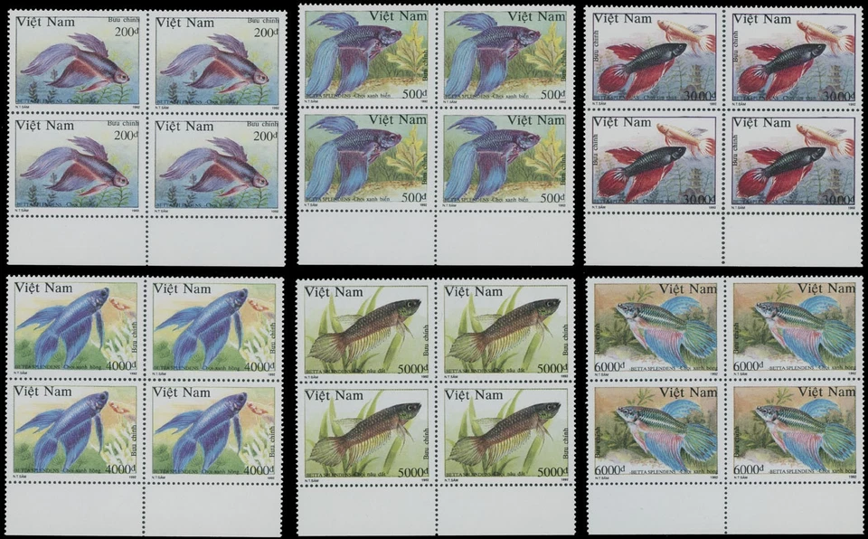1992, VIETNAM, AQUARIUM FISHES, COMPLETE SET IN BLOCKS OF 4, MNH, SCOTT #2402-07 - Image 1 of 1