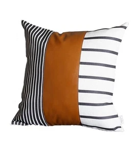 20" X 20" Black And White Stripes And Faux Leather Pillow Cover - Picture 1 of 6