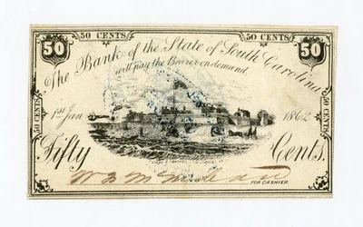 1862 50c The Bank of the State of SOUTH CAROLINA Note w/ Fort Moultrie - Image 1 of 2