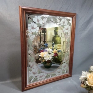 Vintage 80's Floral Wall Mirror Reverse Painted Magnolias Wood Frame 19" X 23" - Picture 1 of 9