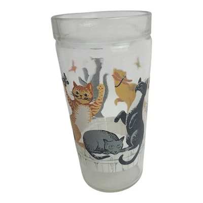 Vintage Anchor Hocking Jelly Jar Cats On Fence Drinking Glass Tumbler Cup Kitten - Image 1 of 4