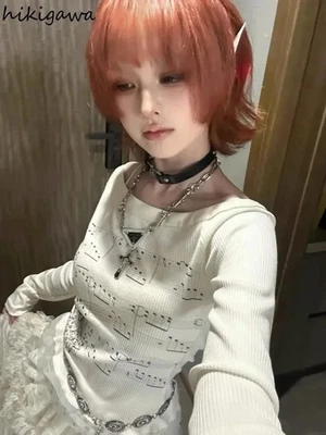 Camiseta gráfica punk para mujer manga larga cuello cortado Y2K informal retro ropa de calle Foto 1 de 4