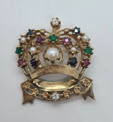 ESTATE  14K YELLOW GOLD  CROWN PIN PENDANT EMERALD DIAMOND PEARL SAPPHIRE RUBY - Image 1 of 4